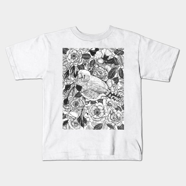 Zebra finch and rose bush ink drawing Kids T-Shirt by katerinamk